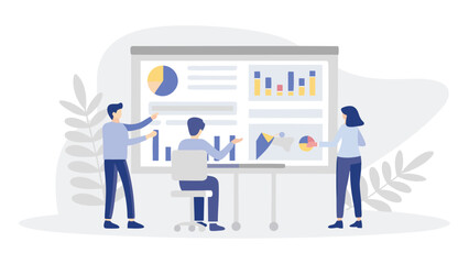 Three people presenting charts and graphs on a whiteboard in a business meeting environment setting