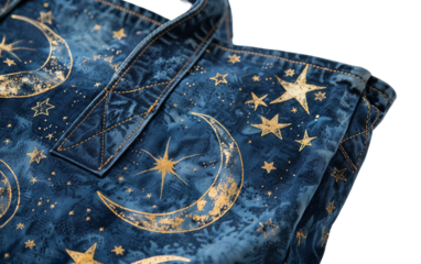 Elegant Denim Tote with Celestial Moon and Mystical Accents on white background