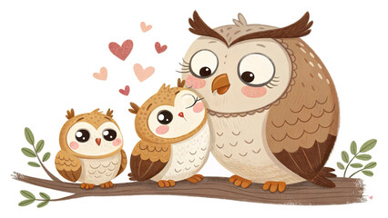 Obraz premium Charming owl family cuddled together, symbolizing love and unity, on white background.