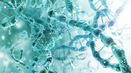 Naklejka premium Ovarian Cancer Awareness Month. Scientific illustration of cancer cell molecular pathways, detailed protein structures and DNA helixes, teal accent colors for ovarian cancer focus