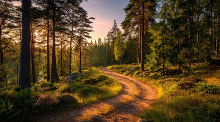 A winding dirt road through a sunlit forest
