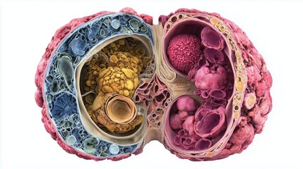 Fototapeta premium Ovarian Cancer Awareness Month. 3D anatomy of ovary showing normal and cancerous tissue side by side, clear tissue textures, professional medical visualization