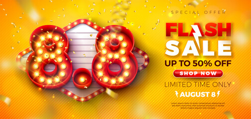 Flash Sale Shopping Day Banner Design with 3d 8.8 Light Bulb Billboard Number and Lightbox on Yellow Falling Confetti Background. Vector 8 August Special Offer Illustration for Coupon, Voucher, Flyer
