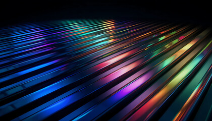 Black dark rainbow blue red yellow striped abstract background. 3D render prism surface. Color reflections and light streaks. Neon shine gradient. striped surface. Futuristic digital backdrop.
