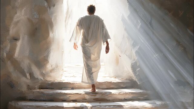 Jesus christ is ascending 4k his tomb after resurrection, bathed in divine light, symbolizing hope, faith, and new life video from