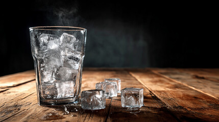 Chilled Glass of Ice Cubes on Rustic Wooden Table

