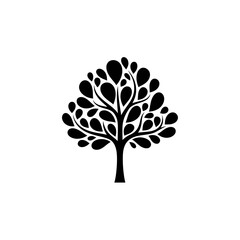 Stylized tree with teardrop shaped leaves in black and white illustration
