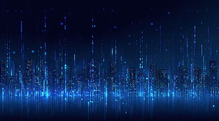 Digital cityscape at night.  Abstract city skyline with glowing,  blue and yellow light trails, digital data streams and particles