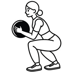Woman performing squat with black exercise ball fitness