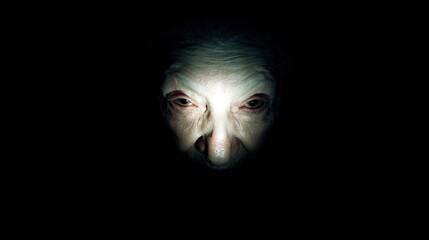 Creepy Elderly Woman’s Face Emerging from Darkness with Expressionless Eyes and Harsh Underlighting, High Contrast Shadows and Chiaroscuro Lighting, Minimalist Background, Halloween Horror Concept