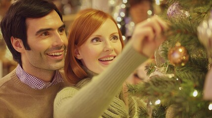 Couple decorating a Christmas tree with colorful ornaments, surrounded by festive lights and a cozy atmosphere, capturing the joy of holiday traditions and togetherness