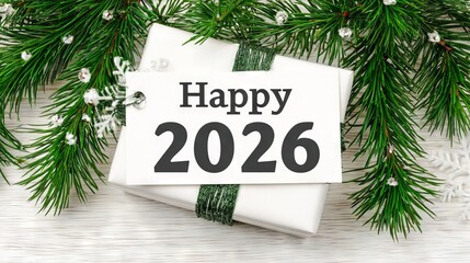 Festive gift box wrapped in white paper with green ribbon, adorned with a tag reading "Happy 2026," surrounded by evergreen branches and holiday decorations, conveying a cheerful celebration