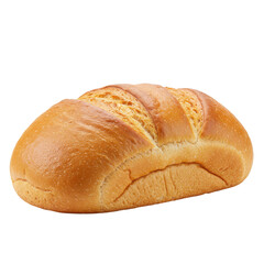 Freshly baked loaf of bread on a clean white background, showcasing its golden crust and soft texture