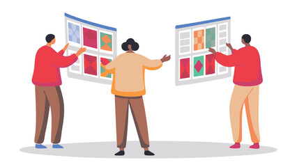 Three people arranging colorful square designs on white boards in a collaborative environment setting