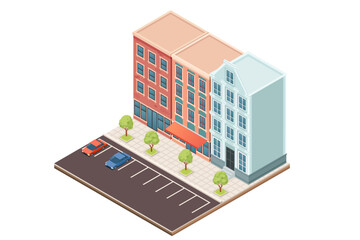 Isometric city building set. Mixed-use structures with retail and residential spaces. Parking area with marked spaces. Small trees for landscaping. Urban architecture with multiple floors