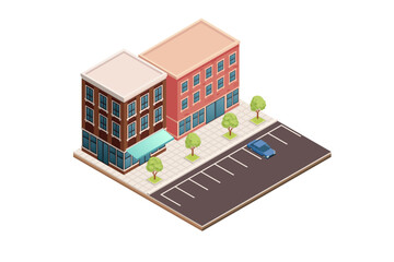 Isometric urban building elements. Multi-story apartment and office buildings with red brick facade. Parking lot with marked spaces. Trees and landscaping. City block design. Vector illustration