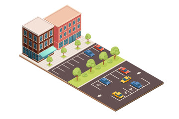 Isometric city building set. Mixed-use structures with retail and residential spaces. Parking area with marked spaces. Small trees for landscaping. Urban architecture with multiple floors. Vector
