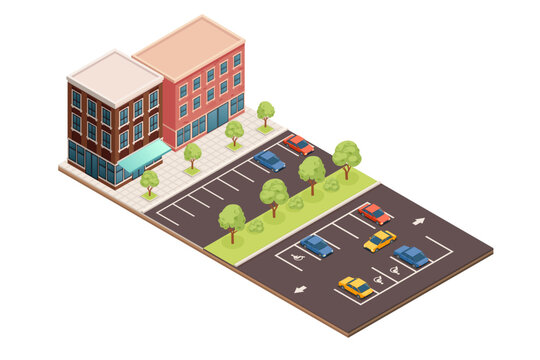Isometric city building set. Mixed-use structures with retail and residential spaces. Parking area with marked spaces. Small trees for landscaping. Urban architecture with multiple floors. Vector