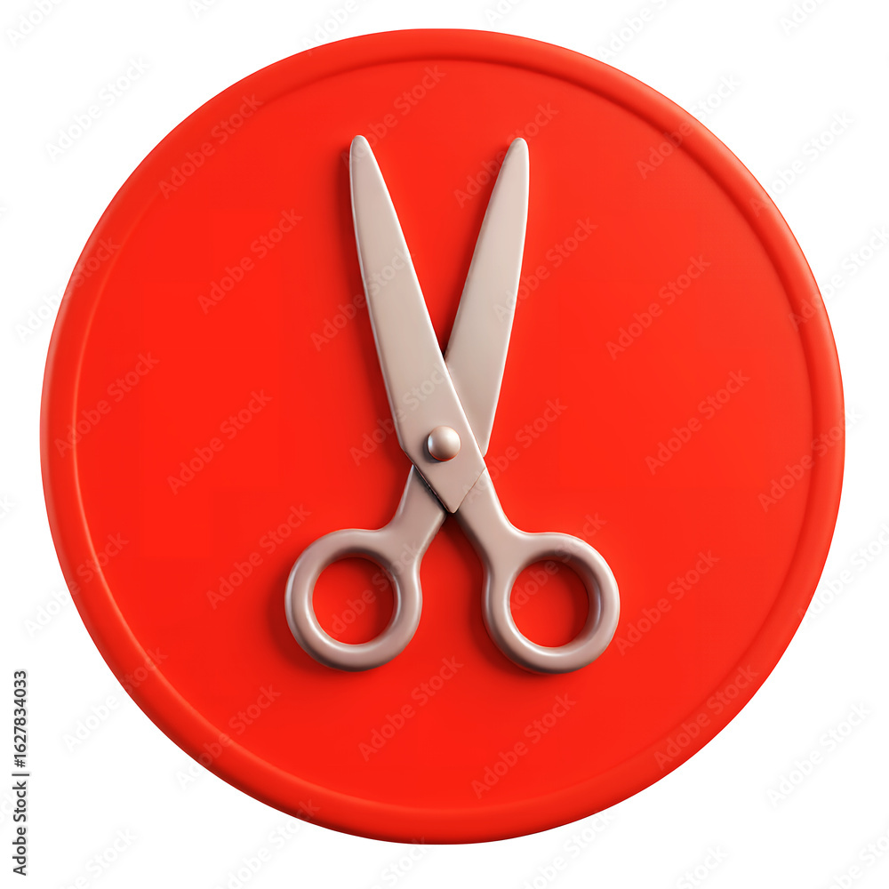 Poster a close up of silver scissors on a red circular background with a black surrounding area on transpar