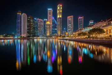 Naklejka premium Night cityscape reflecting on water. Skyscrapers and older buildings illuminated by colorful lights