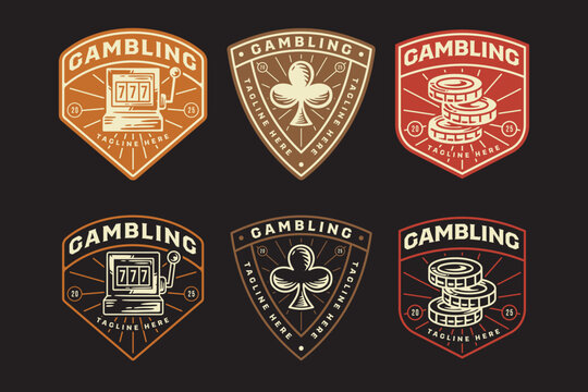 Slot machine, spade, poker chip retro badge logo vector design set for entertainment. 777 slot, chips, card suit vintage emblem logo graphic collections. Gambling illustration label element designs