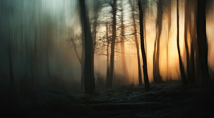 Misty forest at golden hour.  Blurred trees,  dark foreground,  soft light