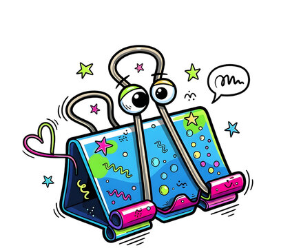 A quirky and fun cartoon illustration of a binder clip with large googly eyes, decorated with colorful doodles and a speech bubble. PNG with transparent background