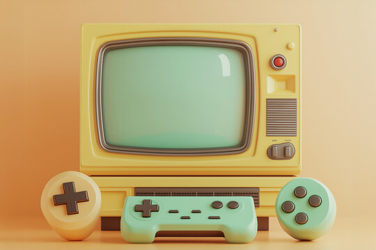 Vintage Gaming Setup with a Television and Controllers
