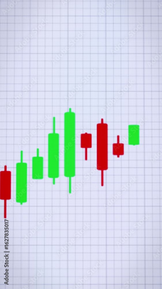 Poster vertical video animation of a moving candlestick chart in green and red, showing how a price goes up