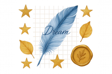 Whimsical Composition Featuring a Blue Feather with 'Dream' Text, Gold Stars, Autumn Leaves, and a Wax Seal.