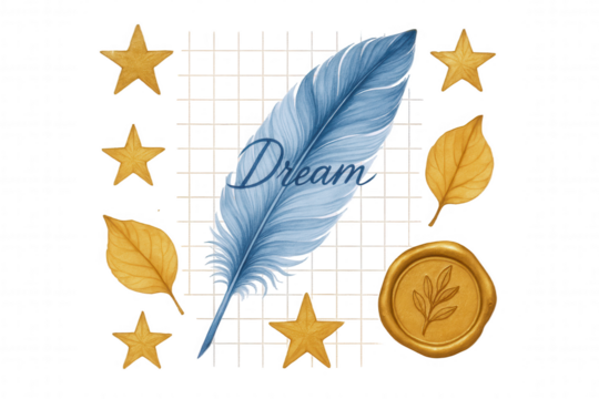 Whimsical Composition Featuring a Blue Feather with 'Dream' Text, Gold Stars, Autumn Leaves, and a Wax Seal.
