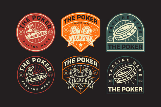 Cigar, chips, jackpot retro badge logo vector design set for games. Jackpot ribbon, chip, smoke cigar vintage emblem logo graphic collections. Gambling poker betting illustration label element designs - Powered by Adobe