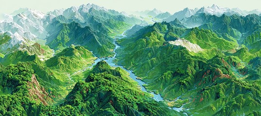 Green mountain river valley landscape. Cartography contour. Generative AI technology.	
