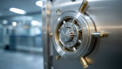 Close-up of a security vault's combination lock.  Stainless steel,  round dial,  metal handles.  Blurred background of a modern room