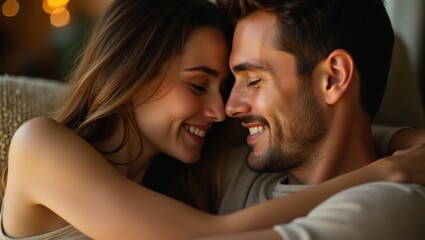 Close up of happy couple embracing with eyes closed and smiling