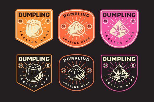Siu Mai, Bao bun, Wonton retro badge logo vector design set for culinary, restaurant. Asian dumpling vintage emblem logo graphic collections. Chinese snack illustration label element designs