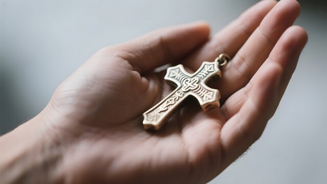 A hand gently holding a detailed, ornate cross pendant