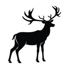 Fototapeta premium Elegant black silhouette of a stag with large antlers, perfect for nature art, wildlife designs, or rustic decor. Minimalist vector illustration with a majestic and serene feel.