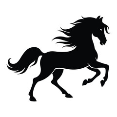 Obraz premium Black silhouette of a rearing horse. A powerful stallion with a flowing mane and tail, captured in a dynamic vector illustration on a white background. 
