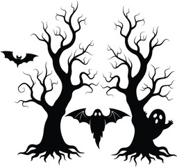 Obraz premium Spooky Black Silhouette of Haunted Trees and Ghosts