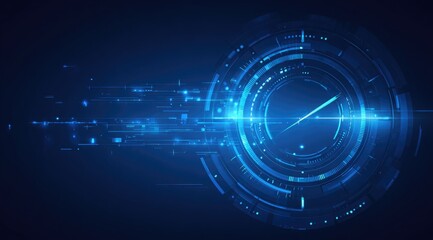 Futuristic, circular digital interface with glowing blue lines and light trails