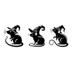three Rat on halloween witch hat silhouette vector design.