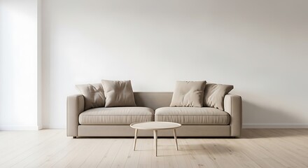 A modern, minimalist living room featuring a comfortable beige sofa with plush cushions and a small, round coffee table on a light wooden floor, illuminated by natural light.