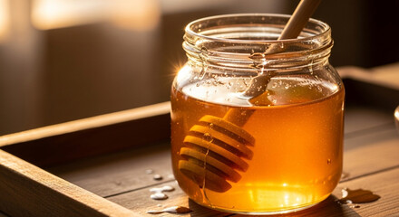 glass of honey with honeycomb