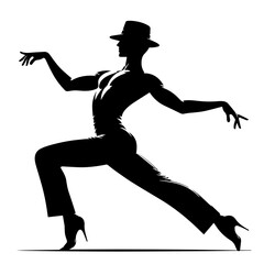 Black and white vector silhouette of a dancing artist on white background
