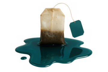Used tea bag resting near teal puddle, highlighting post-brewing texture against transparent backdrop