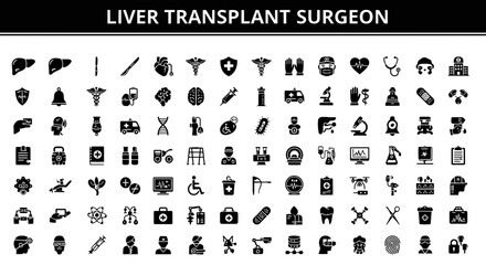 Liver Transplant Black Icons: Hepatic Surgery & Organ Transplantation