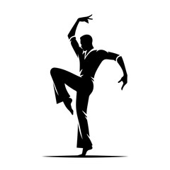 Black and white vector silhouette of a dancing artist on white background
