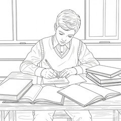 Black and white vector line drawing of a school 