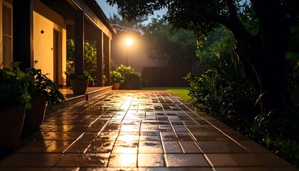 Fototapeta premium Rainy Evening in Garden with Wet Path and Glowing Light